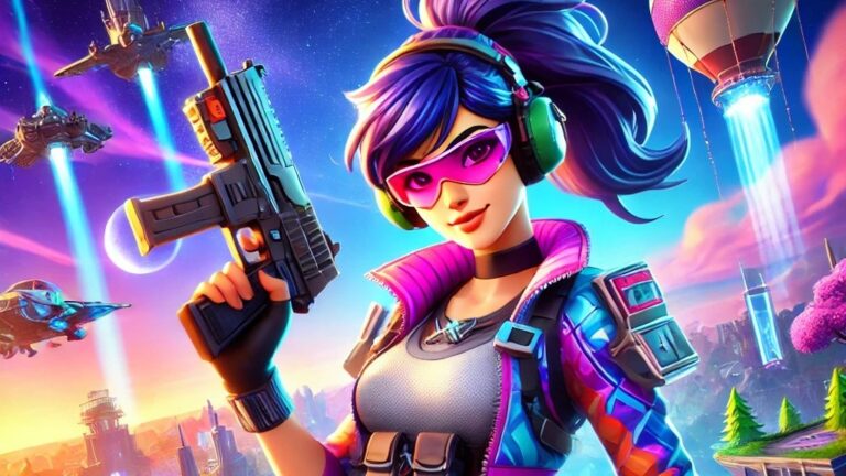 Fortnite female skin in neon jacket and visor holding an SMG above a futuristic island battlefield
