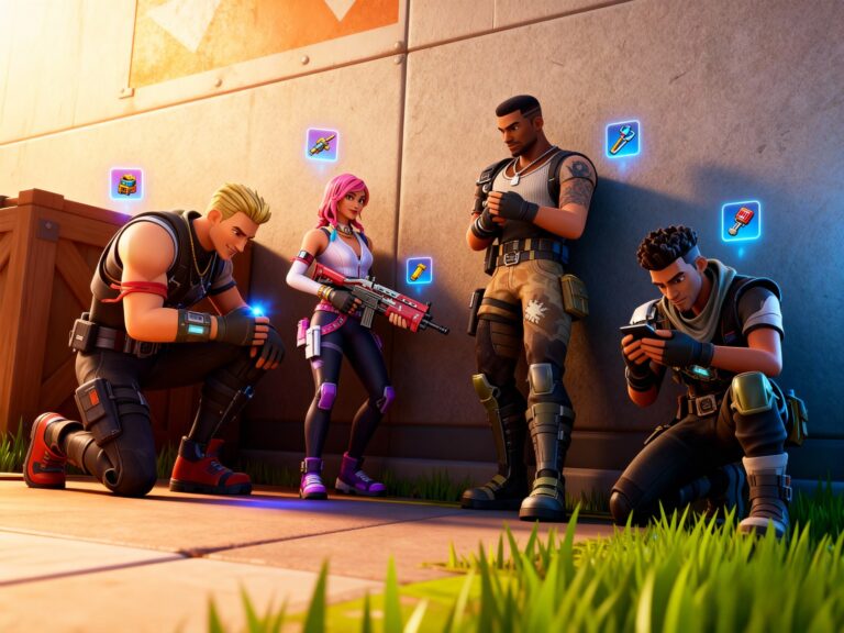 Fortnite squad regrouping by a wall, checking loadout and items after a fight