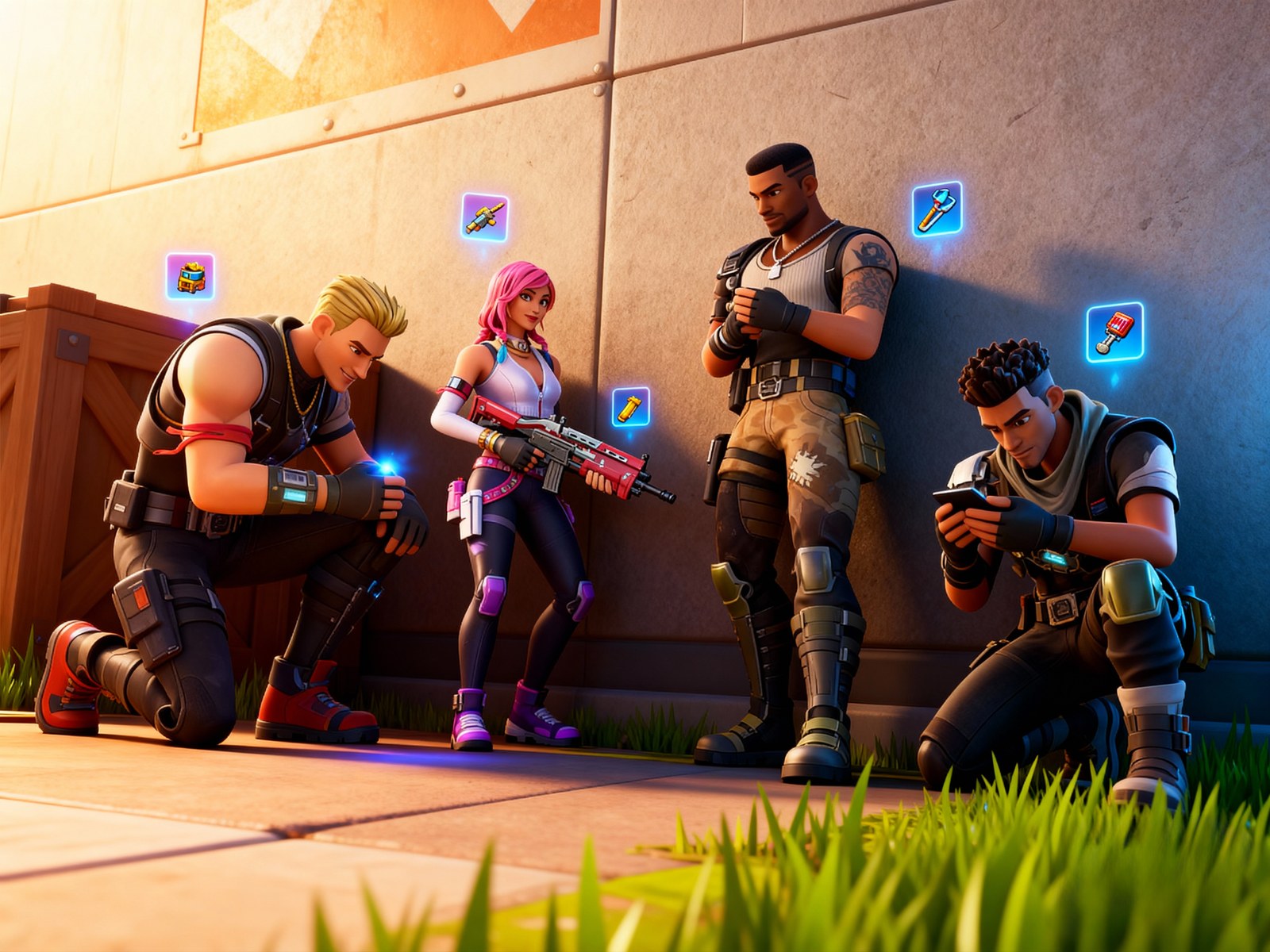 Fortnite squad regrouping by a wall, checking loadout and items after a fight