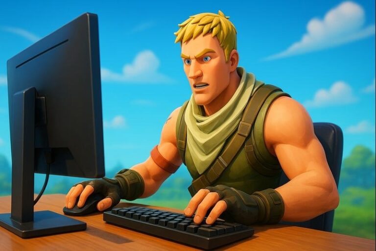 Fortnite character at a desk with keyboard and mouse, setting up beginner controls