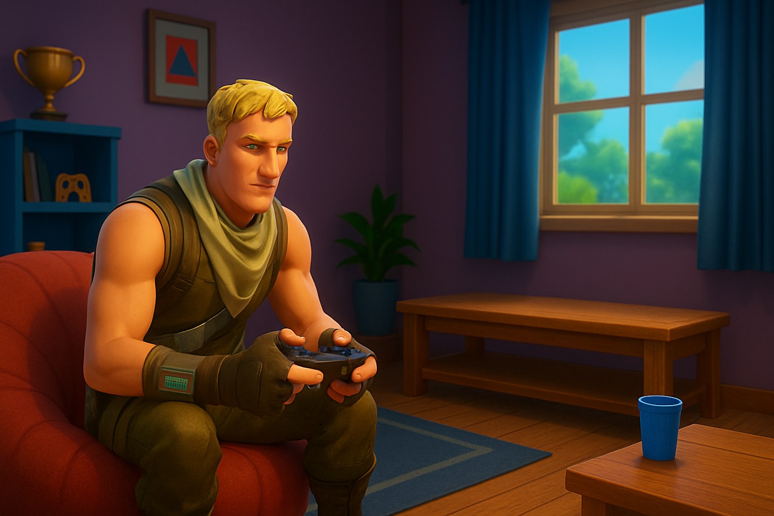 Fortnite character on a couch with a controller, tuning look sensitivity and deadzones