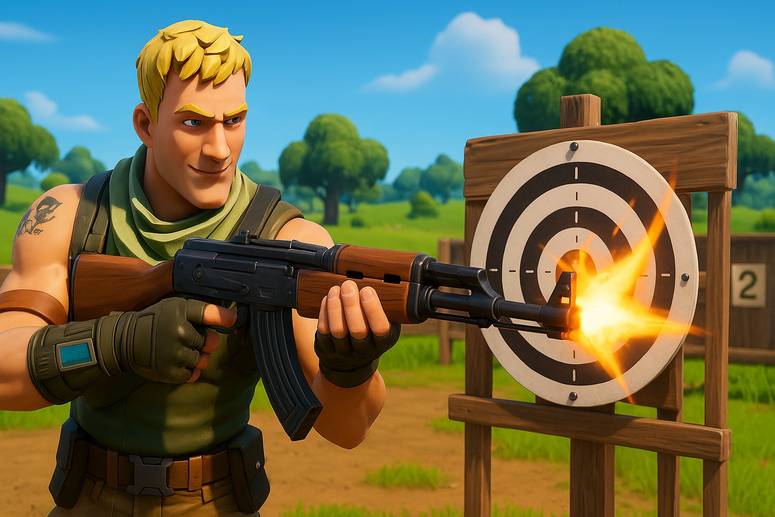 Fortnite character firing at a practice target to test aim sensitivity