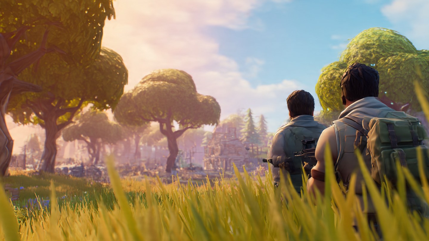 Two Fortnite players advancing together to complete objectives faster