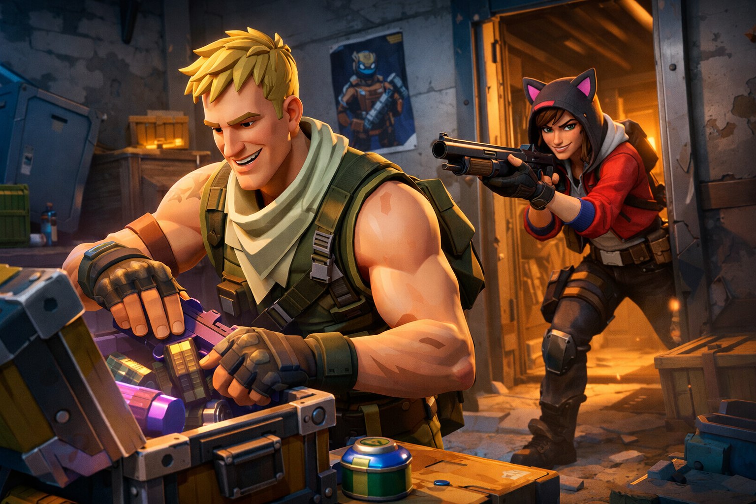 Fortnite player looting a chest in a solo match as an enemy flanks from behind
