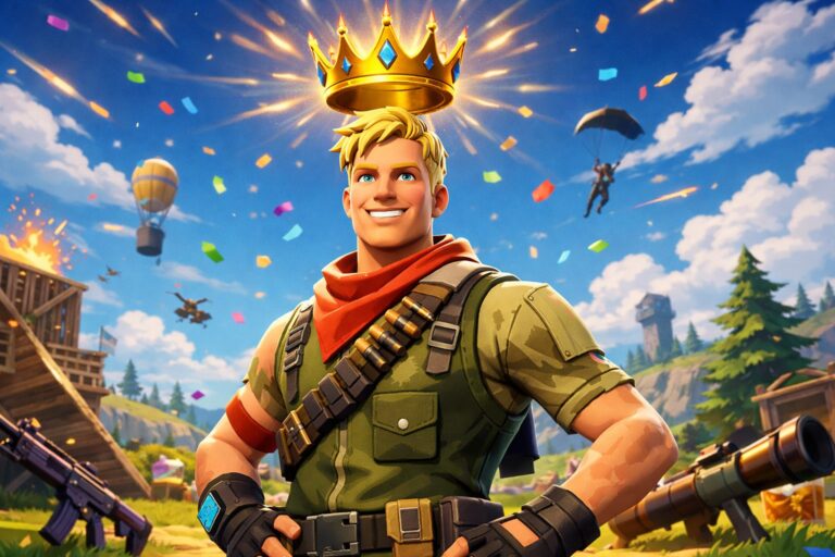 Fortnite player celebrating a solo Victory Royale with a golden crown