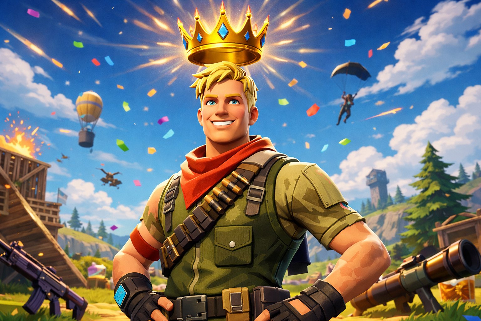 Fortnite player celebrating a solo Victory Royale with a golden crown