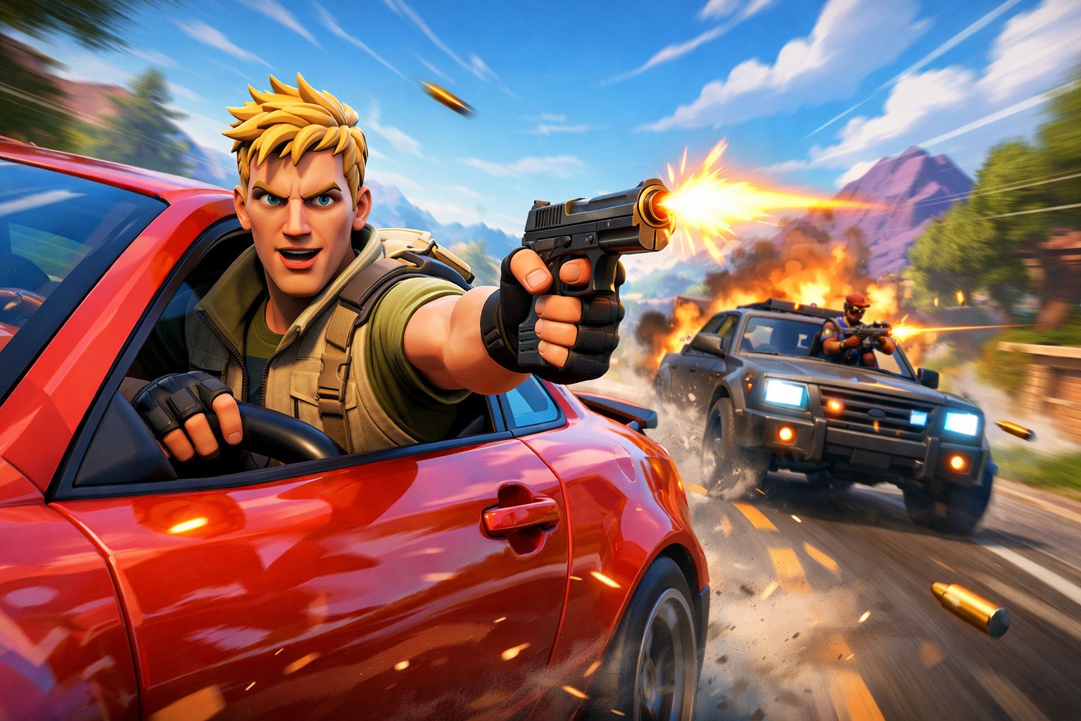 Fortnite player firing from a car while rotating during a solo match